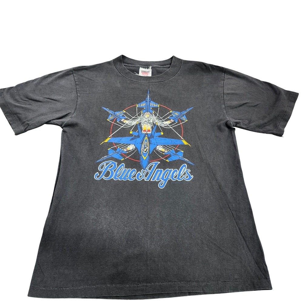 Oneita T-shirt Mens L Power-T Black Blue Angels Double Sided USA Made Graphic